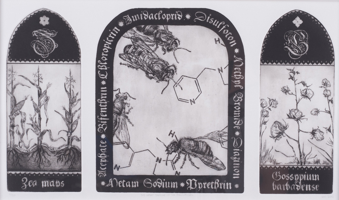 Etching, titled "The Great Demise of the Pollinators," by Nils Henrik Sundqvist