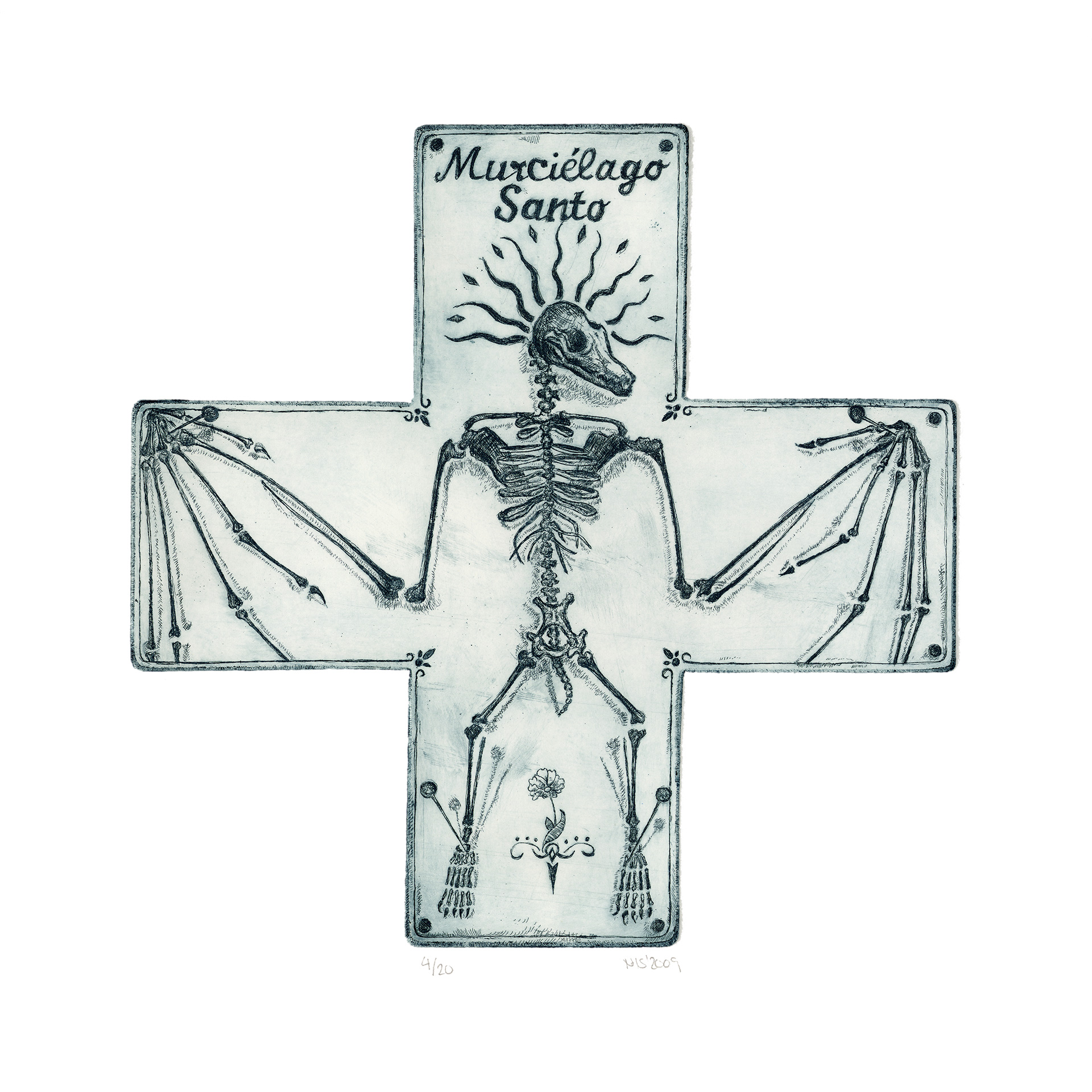 Etching titled "Murcielago Santo," aqua version.